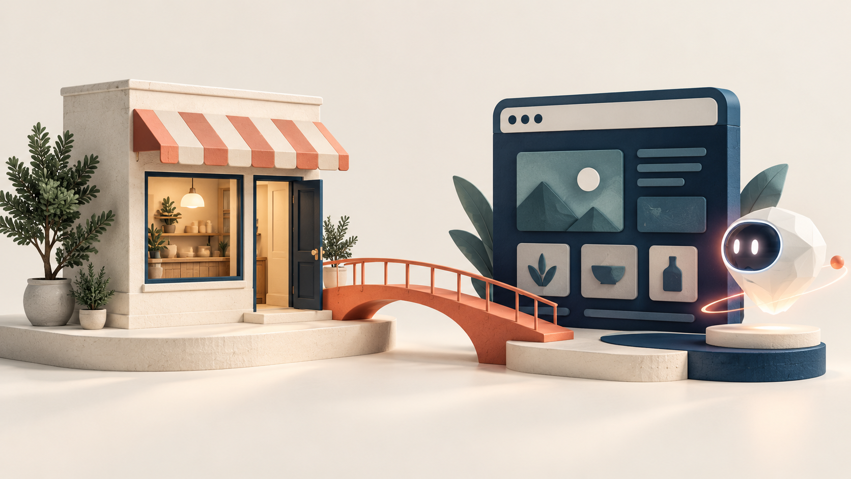 Original conceptual artwork of a small shop connected to a browser window and an abstract AI assistant.