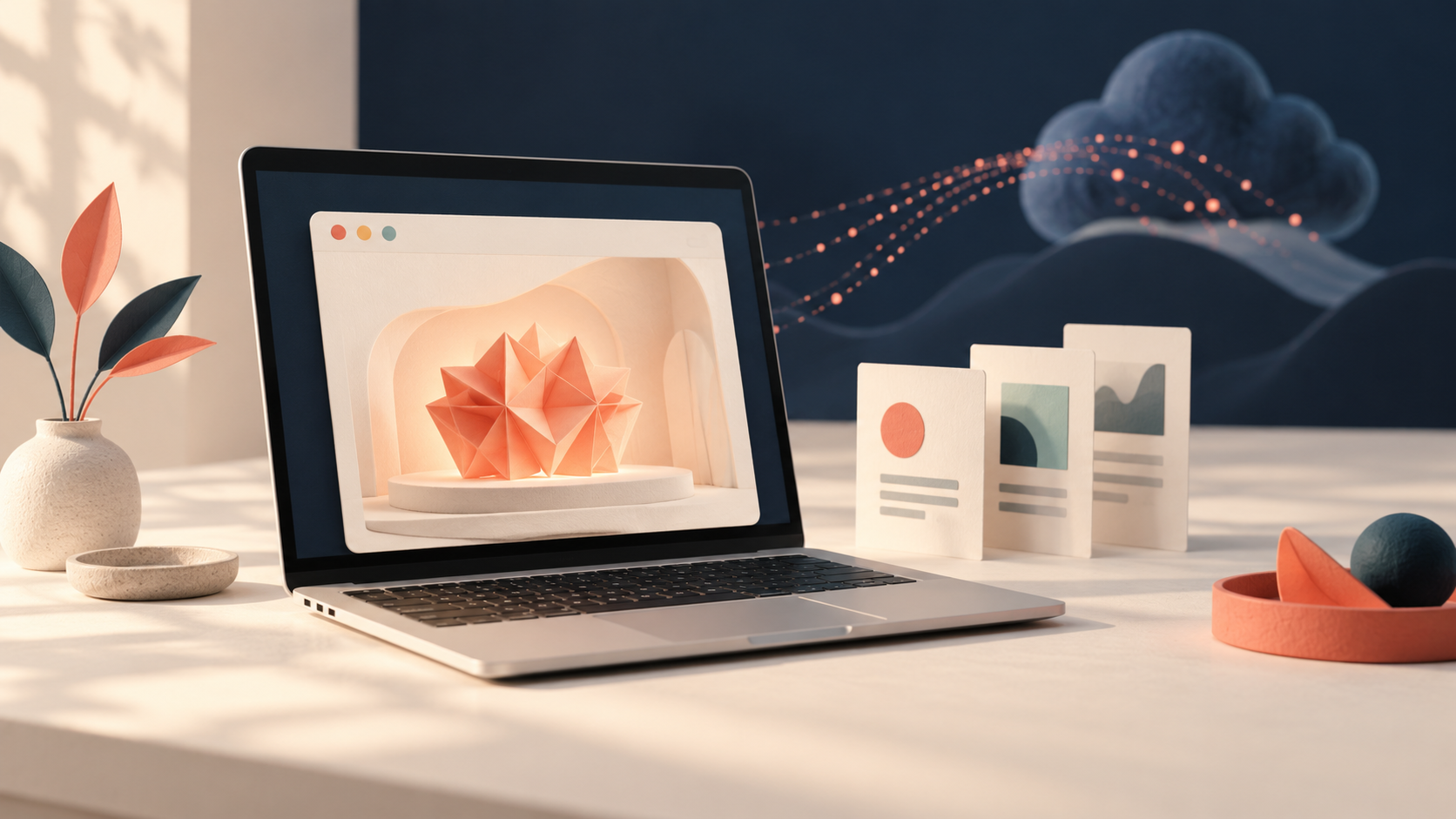 Original conceptual artwork of a laptop holding an abstract AI model, with document cards and a separate cloud in the background.