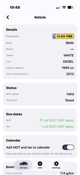RoadReady vehicle details screen